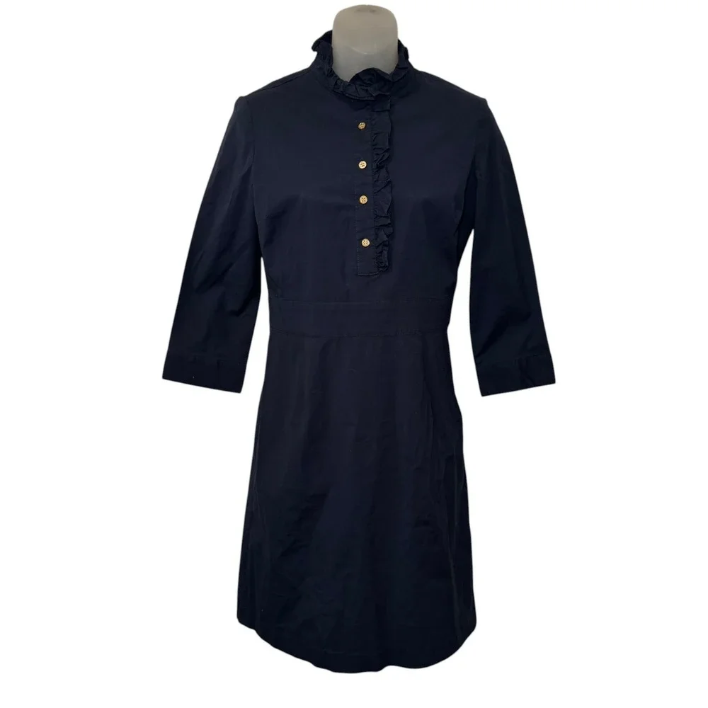 Tory Burch Navy Ruffle Shirt Dress Gold Buttons 3/4 Sleeve‎ Sz 4